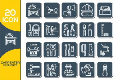 Carpenter Elementleri, İnce Hat ve Piksel Mükemmel Simgeler. Ahşap çalışma vektörü izole çizgi simgesi ayarlandı. Carpenter İnşaat araçları düz çizgi simgeleri ayarlandı. Çekiç, tornavida, testere, anahtar, boya fırçası..