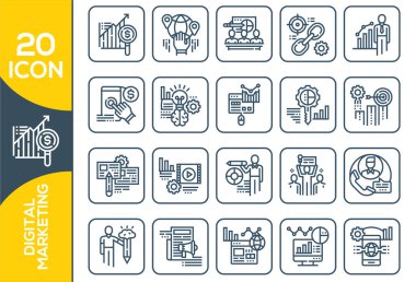 Dijital pazarlama ikonu. Pazarlama ikonları, seo, analitik, reklamlar, iş. SEO satır simgeleri ayarlandı. Modern ana hatlar, grafik tasarım kavramları, basit semboller koleksiyonu. 