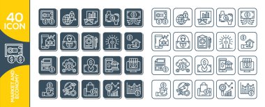 Finansal Analitik İlgili Basit Vektör Çizgisi Simgeleri Kümesi. Simgeler ayarlandı. İnternet, uygulama ve bilgisayar için iş ve finans. Para, madeni para ve finans ince çizgi simgesi seti. Taslak sembol koleksiyonu. 