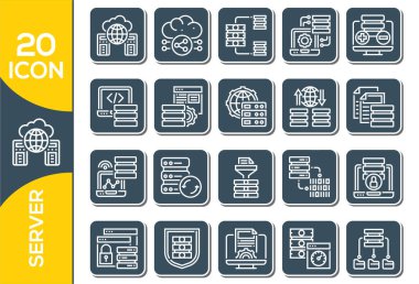 Veritabanı, Sunucu ve Bulut servis satırı simgeleri. İnternet, sunucu, ağ simgeleri. Veri aktarımı doğrusal simgeleri. bilgisayar seçenekleri ana hat vektör imza koleksiyonu.