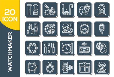 Saatçi, İnce Hat ve Piksel Mükemmel Simgeler. Beyaz arkaplanda izole edilmiş web tasarımı için saat onarım ikonları ana hatları. Web tasarımı için mekanik saat onarım ikonları izole edildi.