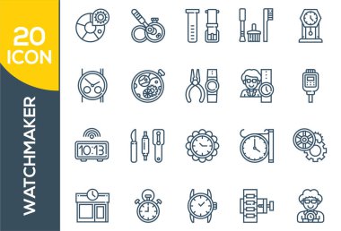 Saatçi, İnce Hat ve Piksel Mükemmel Simgeler. Beyaz arkaplanda izole edilmiş web tasarımı için saat onarım ikonları ana hatları. Web tasarımı için mekanik saat onarım ikonları izole edildi.