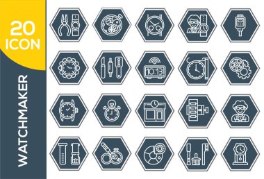 Saatçi, İnce Hat ve Piksel Mükemmel Simgeler. Beyaz arkaplanda izole edilmiş web tasarımı için saat onarım ikonları ana hatları. Web tasarımı için mekanik saat onarım ikonları izole edildi.