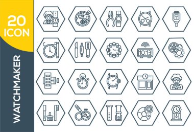 Saatçi, İnce Hat ve Piksel Mükemmel Simgeler. Beyaz arkaplanda izole edilmiş web tasarımı için saat onarım ikonları ana hatları. Web tasarımı için mekanik saat onarım ikonları izole edildi.