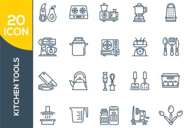 Asgari mutfak araçları ya da yemek simgesi seti beyaz arkaplanda izole edilmiş modern ana hatlar