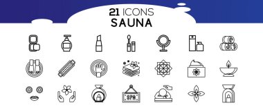 Sauna ögeleri - ince çizgi ağ simgesi seti. Düz, kontur, dış hat, ince ve doğrusal tasarım simgeleri. 