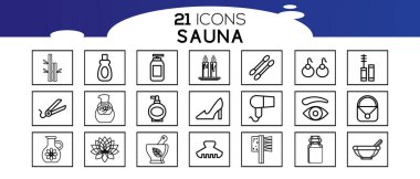 Web Sauna ögeleri - ince çizgi ağ simgesi seti. Düz, kontur, dış hat, ince ve doğrusal tasarım simgeleri. 