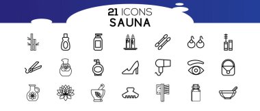 Sauna ögeleri - ince çizgi ağ simgesi seti. Düz, kontur, dış hat, ince ve doğrusal tasarım simgeleri. 