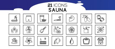 Sauna ögeleri - ince çizgi ağ simgesi seti. Düz, kontur, dış hat, ince ve doğrusal tasarım simgeleri. 