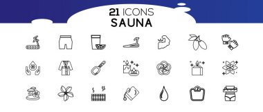 Sauna ögeleri - ince çizgi ağ simgesi seti. Düz, kontur, dış hat, ince ve doğrusal tasarım simgeleri. 