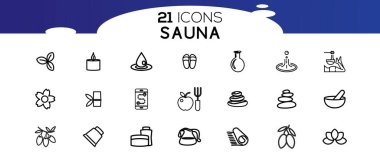 Sauna ögeleri - ince çizgi ağ simgesi seti. Düz, kontur, dış hat, ince ve doğrusal tasarım simgeleri. 