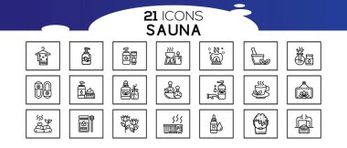 Sauna ögeleri - ince çizgi ağ simgesi seti. Düz, kontur, dış hat, ince ve doğrusal tasarım simgeleri. 