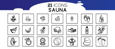 Sauna ögeleri - ince çizgi ağ simgesi seti. Düz, kontur, dış hat, ince ve doğrusal tasarım simgeleri. 