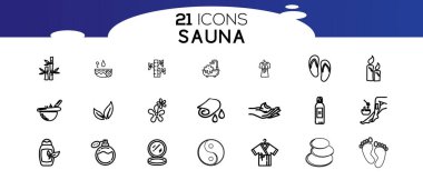 v Sauna ögeleri - ince çizgi ağ simgesi seti. Düz, kontur, dış hat, ince ve doğrusal tasarım simgeleri. 