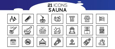 Sauna ögeleri - ince çizgi ağ simgesi seti. Düz, kontur, dış hat, ince ve doğrusal tasarım simgeleri. 