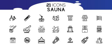 Sauna ögeleri - ince çizgi ağ simgesi seti. Düz, kontur, dış hat, ince ve doğrusal tasarım simgeleri. 
