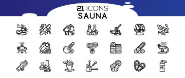 Sauna ögeleri - ince çizgi ağ simgesi seti. Düz, kontur, dış hat, ince ve doğrusal tasarım simgeleri. 