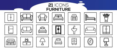 Mobilya taslak simgeleri. Sofa, Tablo, Yer Işığı ve daha fazlası gibi simgeler içerir. 