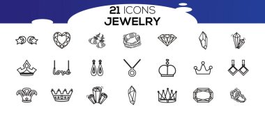Mücevher İlgili Basit Vektör Satırı Simgeleri Seti. 