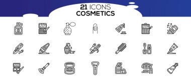 Kozmetikle İlgili Basit Vektör Çizgisi Simgeleri. Cilt ve vücut bakımı ve ana hatlar vektör işaretleri ve semboller koleksiyonu.
