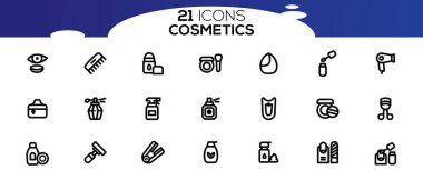 Kozmetikle İlgili Basit Vektör Çizgisi Simgeleri. Cilt ve vücut bakımı ve ana hatlar vektör işaretleri ve semboller koleksiyonu.