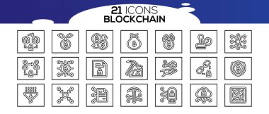 Blockchain ağ simgesi seti. bilgi simgesi, analitik, bulut hesaplama, engelleme zinciri, blok, Dağıtım, Hesap Defteri, Aktarım simgesi