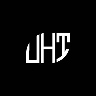 Siyah arkaplanda UHT harf logosu tasarımı. UHT yaratıcı harf logosu konsepti. UHT harf tasarımı.