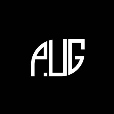 PUG 'un siyah arkaplan üzerindeki logo tasarımı. PUG yaratıcı harflerin baş harfleri logo kavramı. PUG vektör tasarımı.