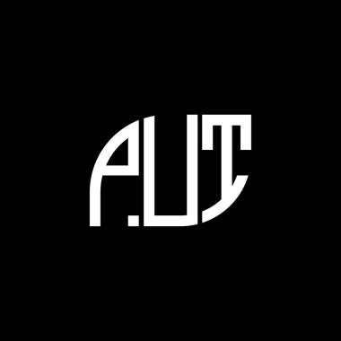 Siyah arkaplan üzerine PUT harf logosu tasarımı. PUT yaratıcı harflerin baş harfleri logo kavramı. PUT vektör tasarımı.