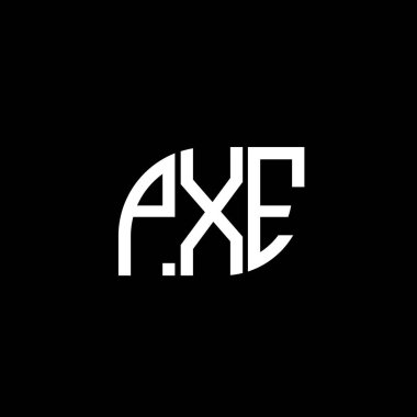 Siyah arkaplan üzerine PXE harf logosu tasarımı. PXE yaratıcı harflerin baş harfleri logo kavramı. PXE vektör harfi tasarımı.