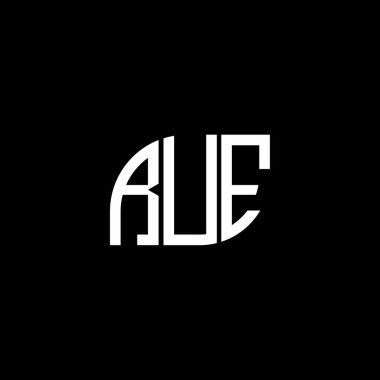 Siyah arka planda rue harfi logo tasarımı. Yaratıcı harflerin baş harfleri logo konsepti. Rue harf tasarımı.