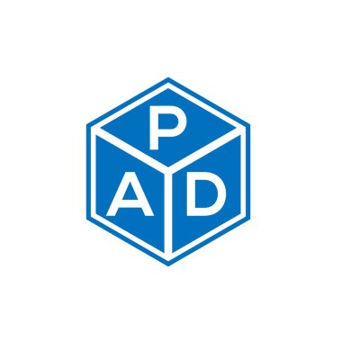 Siyah arkaplan üzerine PAD harfi logo tasarımı. PAD yaratıcı harflerin baş harfleri logo kavramı. PAD harf tasarımı.
