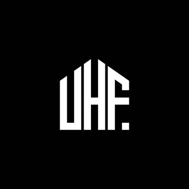 Siyah arkaplanda UHF harf logosu tasarımı. UHF yaratıcı harflerin baş harfleri logo kavramı. UHF harf tasarımı.