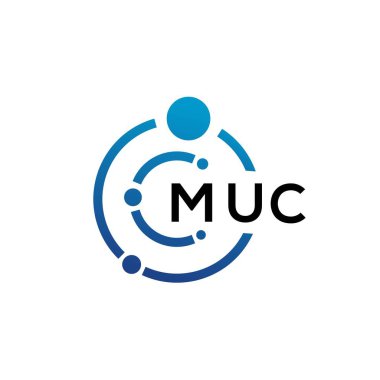 Beyaz arka planda MUC harfli teknoloji logosu tasarımı. MUC yaratıcı baş harfleri IT logosu konsepti. MUC harf tasarımı.