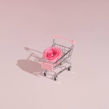 Pastel pembe gül ve el arabasıyla en az moda Sevgililer Günü alışveriş konsepti. Modern romantik estetik.