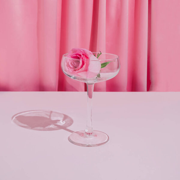 Romantic pastel pink rose and wine glass on satin background. Minimal modern Valentine party concept.
