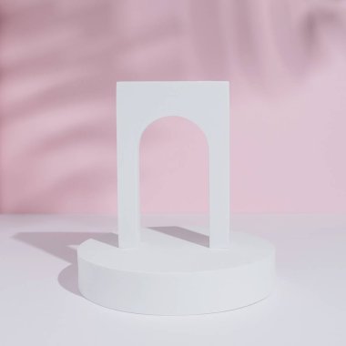 Boş geometrik şekilli minimum modern kompozisyon pastel pembe arka planda duruyor. Yaprak gölgesi olan ürün sunumu için maket.