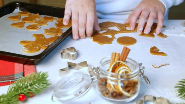 Kind zet rauwe peperkoek koekjes op bakplaat. Kerstvoorbereiding — Stockvideo