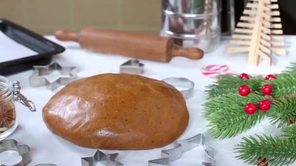 Ciasto z piernika, wycinak do metalu, świąteczne przyprawy i dekoracje, ujęcie lalki w kuchni — Wideo stockowe