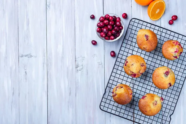 Cranberry Orange Muffins auf Kühlgestell, horizontal, Ansicht von oben, Kopierraum — Stockfoto
