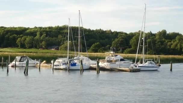 Muitos iates na pequena marina do lado do país, vista sobre botas do lado do rio, viajando na Suécia — Vídeo de Stock