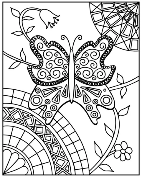 Papillon Gribouillé Dessiné Main Avec Motif Floral Géométrique Zentangle Stylisé — Image vectorielle