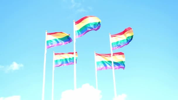 Regenboog vlaggen zwaaien in de wind tegen de blauwe lucht met wolken, zonnige dag — Stockvideo
