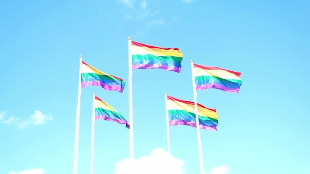 Bandeiras LGBT acenando no vento contra o céu azul com nuvens, dia ensolarado — Vídeo de Stock