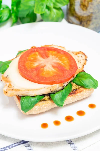 Open-face sandwich with chicken, mozzarella, tomato, pesto and basil on toasted ciabatta, vertical — стоковое фото