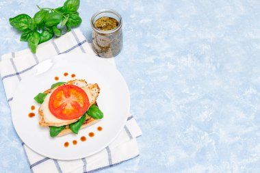 Tavuklu sandviç, mozzarella, domates, pesto ve fesleğen kızarmış ciabatta, yatay, üst manzara