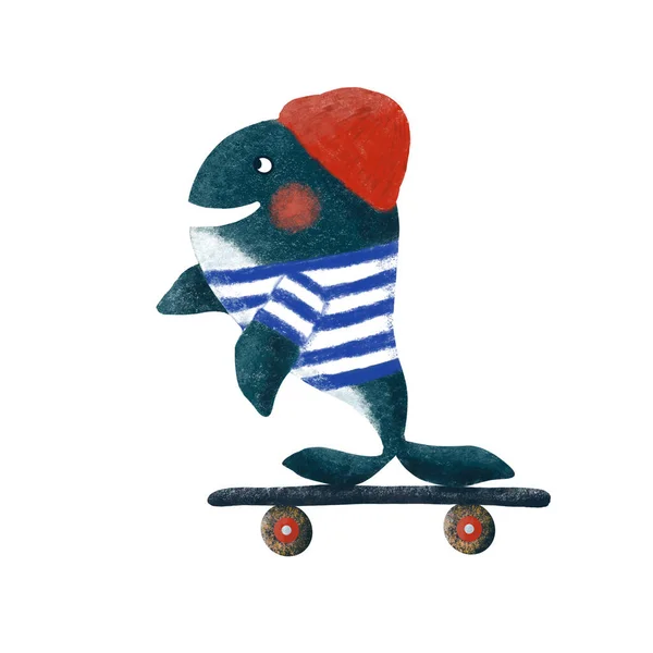 Cute smiling blue whale in striped blue and white t-shirt and red hat on a skate board — Stockfoto
