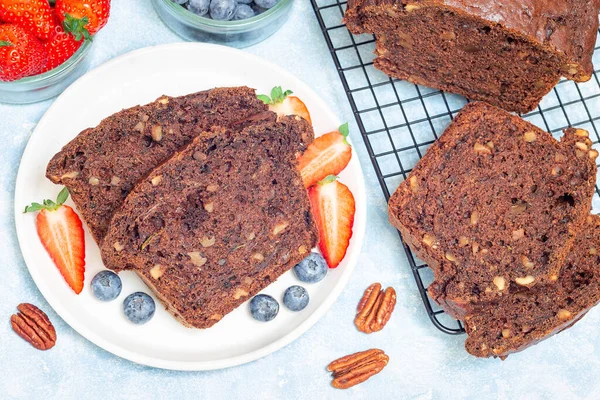 Chocolate Zucchini Courgette Bread Pecan Nuts Served Fruits Plate Horizontal — Stock Photo, Image