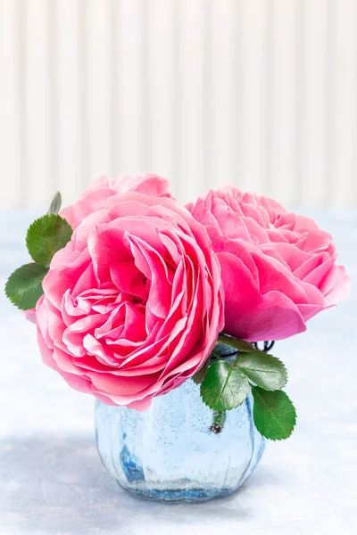 Букет Красивих Рожевих Садових Троянд Вазі Сірому Фоні Вертикальний Копіювати — стокове фото