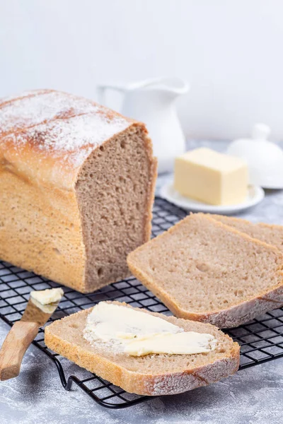 Slices Homemade Knead Sandwich Bread Butter Cooling Rack Vertical — ストック写真